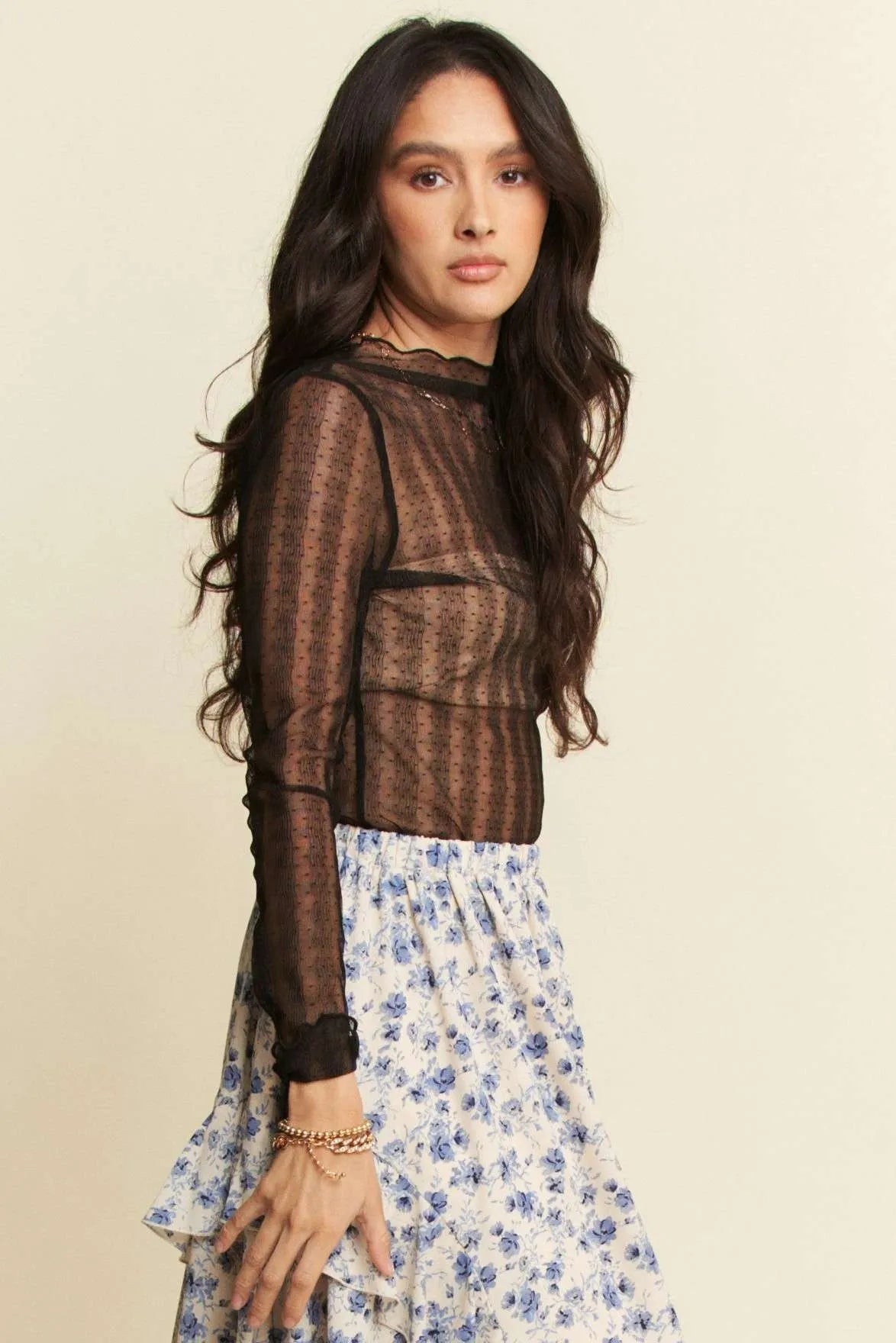 Davi & Dani Turtle Neck Lace Dotted Stretch Mesh Sheer Top OutfitFlow