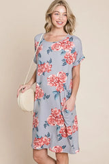 BOMBOM Floral Round Neck Short Tee Dress with Pockets OutfitFlow