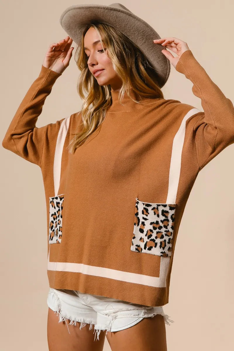 BiBi Mock Neck Sweater with Leopard Pocket OutfitFlow