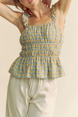 Davi & Dani Plaid Ruffled Strap Smocked Sleeveless Top OutfitFlow