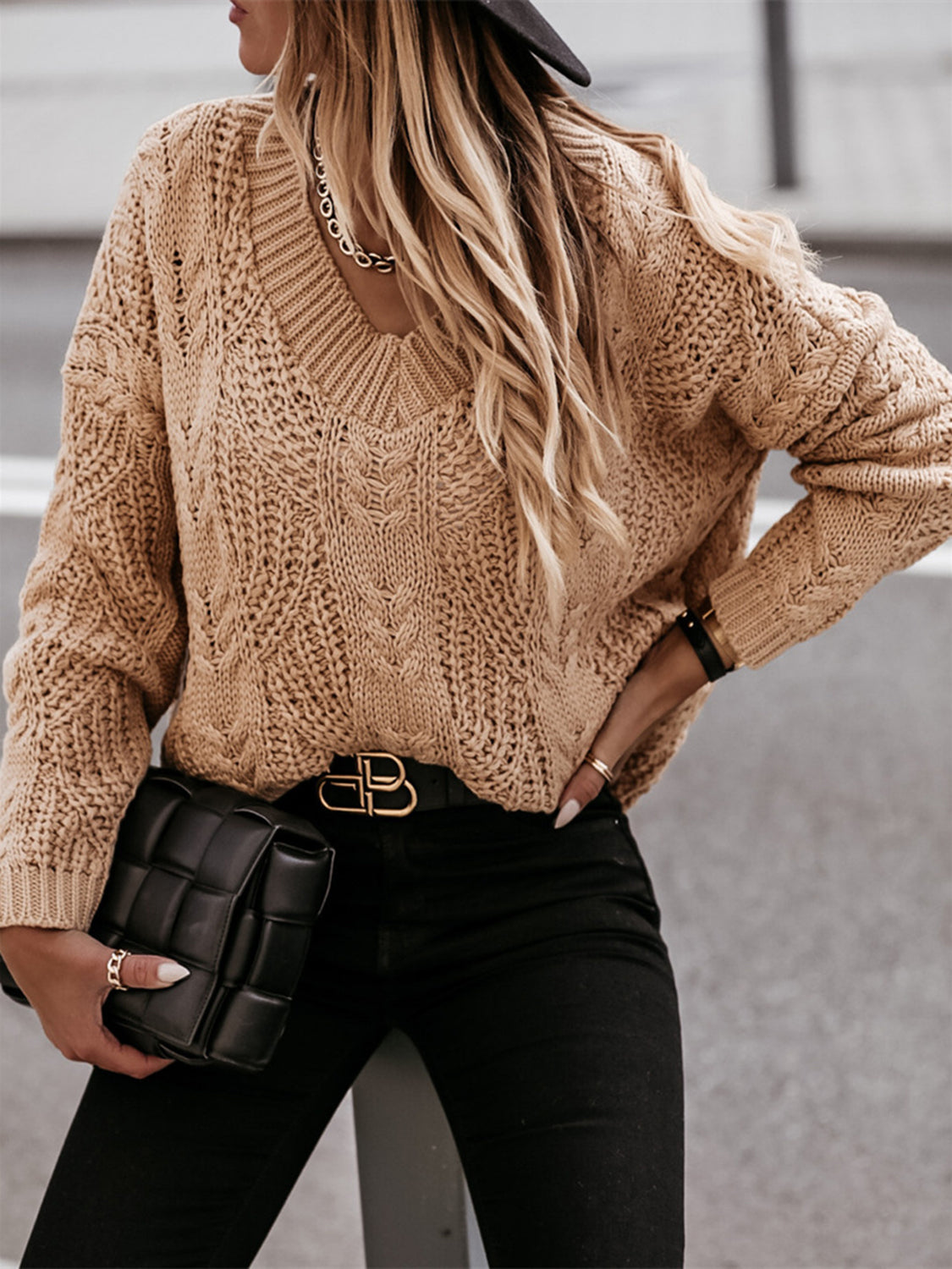 V-Neck Cable-Knit Long Sleeve Sweater Khaki OutfitFlow
