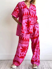 Printed Button Up Shirt and Pants Set OutfitFlow