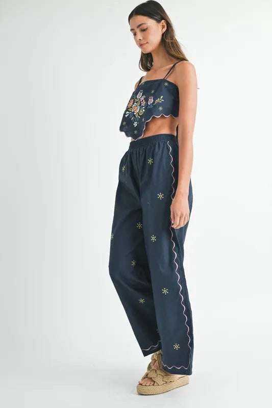MABLE Linen Embroidered Scarf Top and Pants Set OutfitFlow