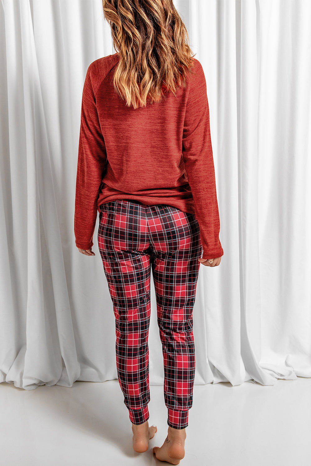 Outfit Flow - Round Neck Top and Drawstring Plaid Pants Lounge Set