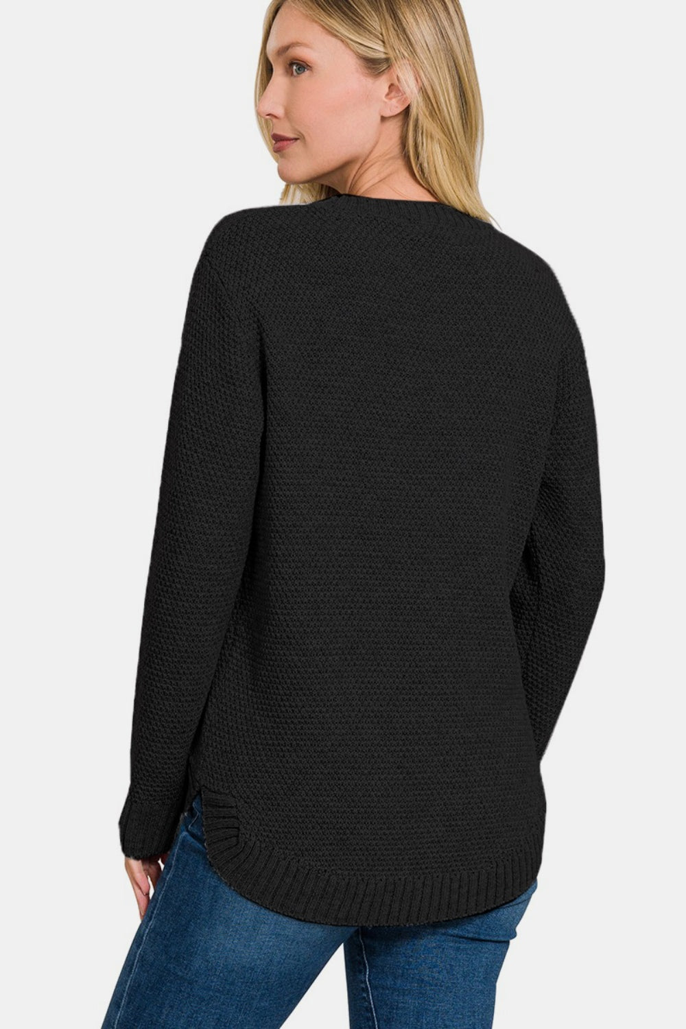 Zenana Full Size Round Neck Long Sleeve Curved Hem Sweater