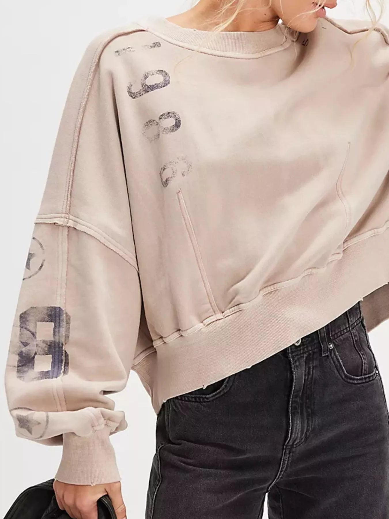 Printed Round Neck Dropped Shoulder Sweatshirt Khaki OutfitFlow