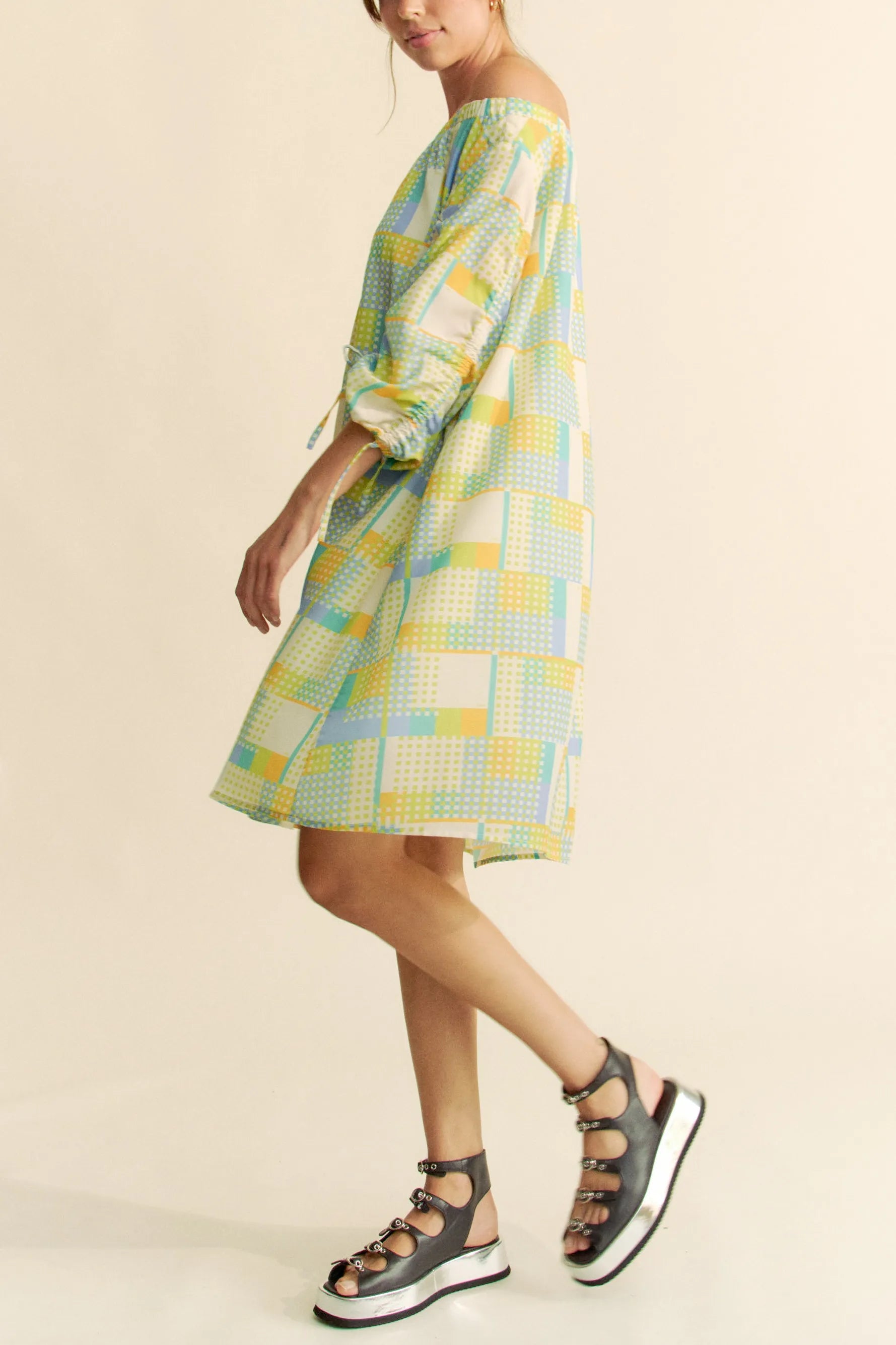 Davi & Dani Printed Off Shoulder Drawstring Sleeve Mini Dress OutfitFlow