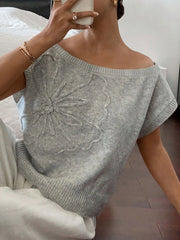 Ribbed Hem Boat Neck Sweater Gray OutfitFlow