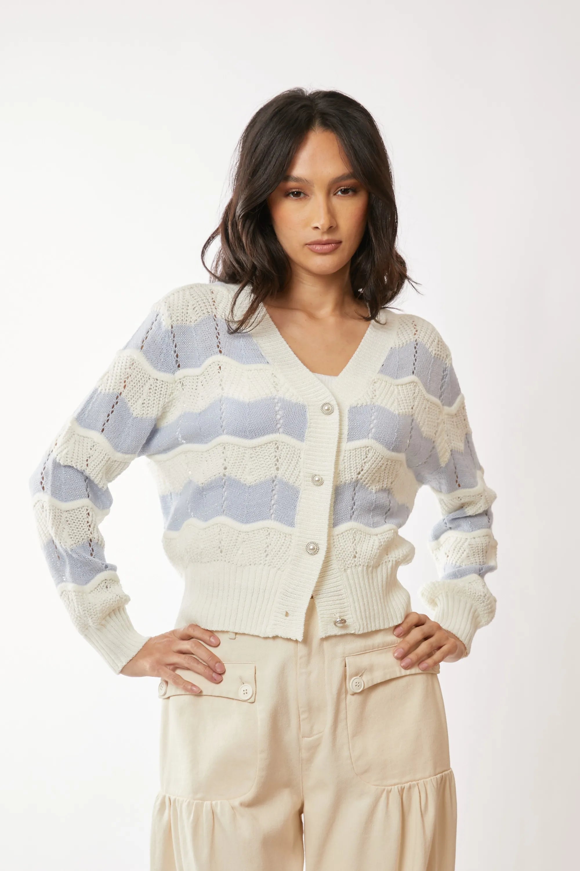 Davi & Dani Button Up Front V Neckline Cardigan Sweater OutfitFlow
