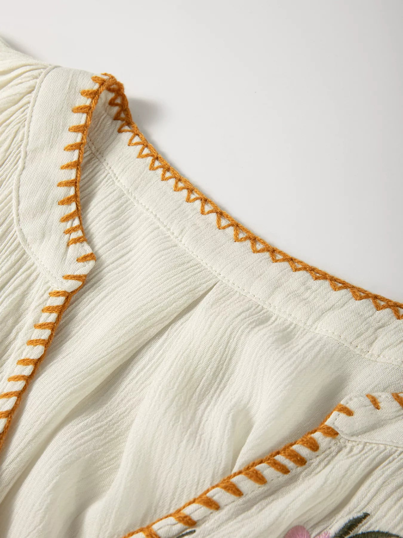 Floral Embroidered Textured Puff Sleeve Loose Shirt OutfitFlow