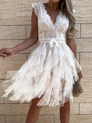 Lace V-Neck Ruffle Dress OutfitFlow