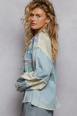 POL Printed Woven Mix Raw Hem Jacket with Lace Detail OutfitFlow