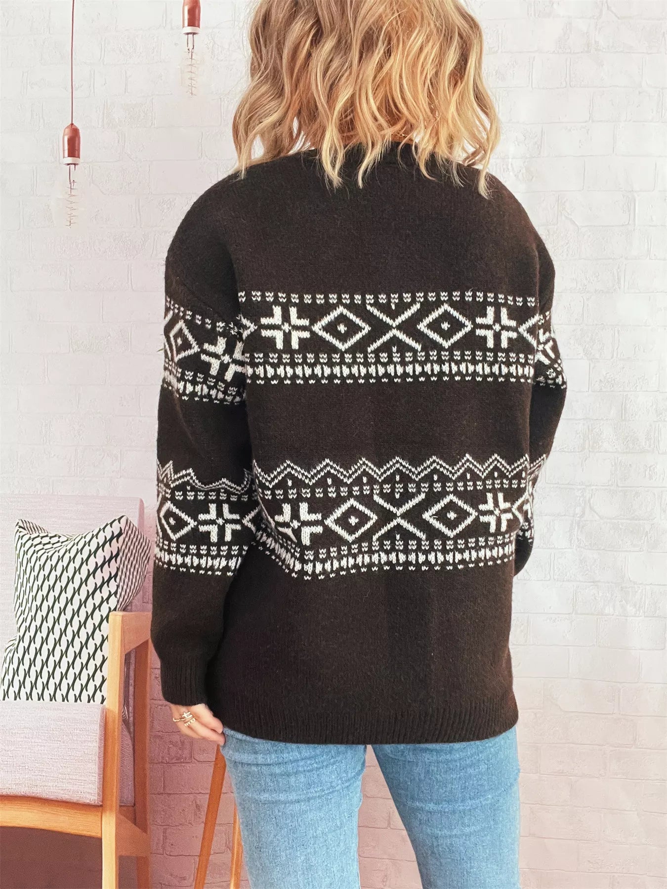 Geometric Dropped Shoulder Long Sleeve Sweater OutfitFlow