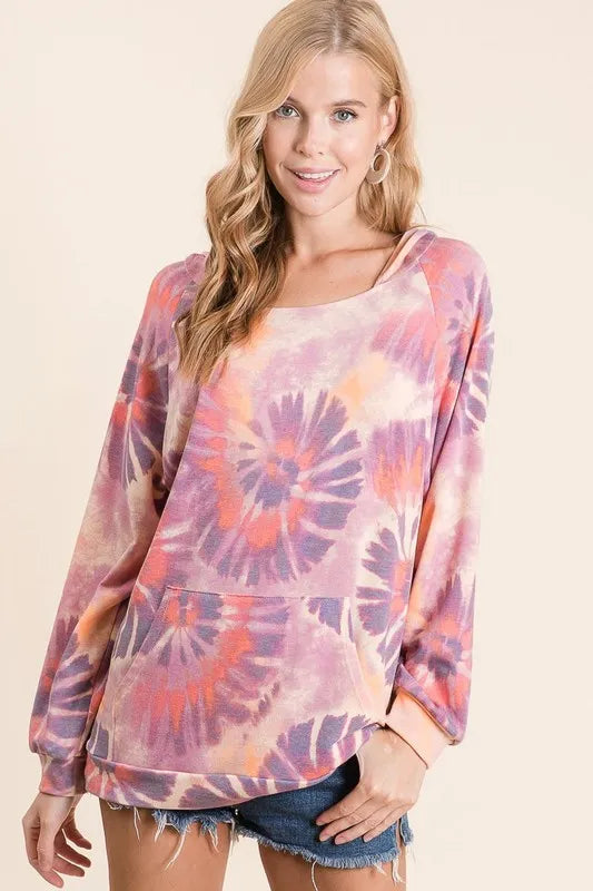 BiBi Circular Tie Dye Print Terry Hoodie with Kangaroo OutfitFlow