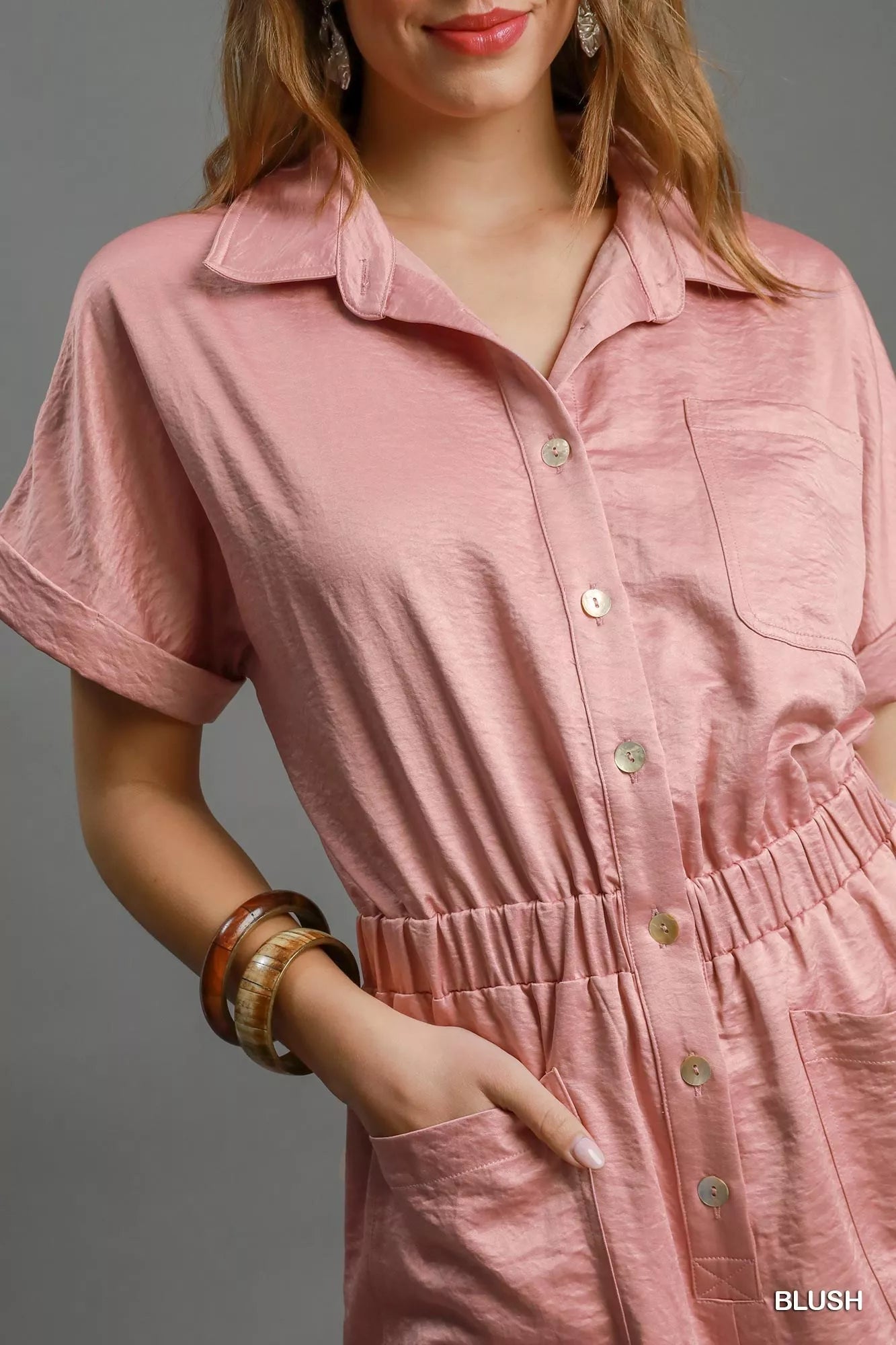 Umgee Button Down Charmeuse Romper Trendsi