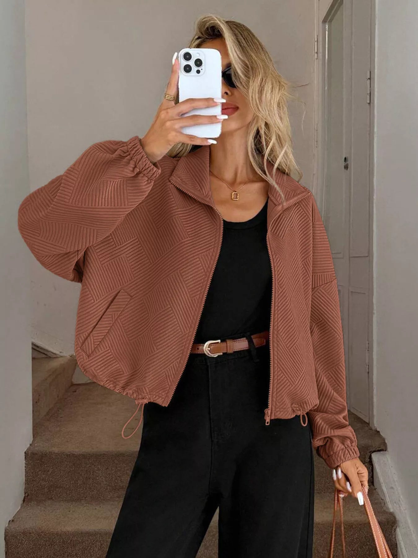 Drawstring Hem Textured Long Sleeve Jacket Caramel OutfitFlow