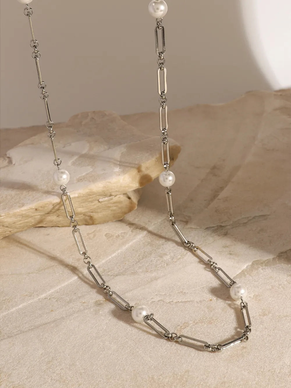 Stainless Steel Pearl Chain Necklace OutfitFlow