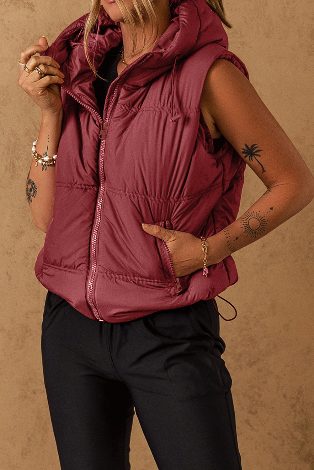 Outfit Flow - Drawstring Zip Up Hooded Vest Coat