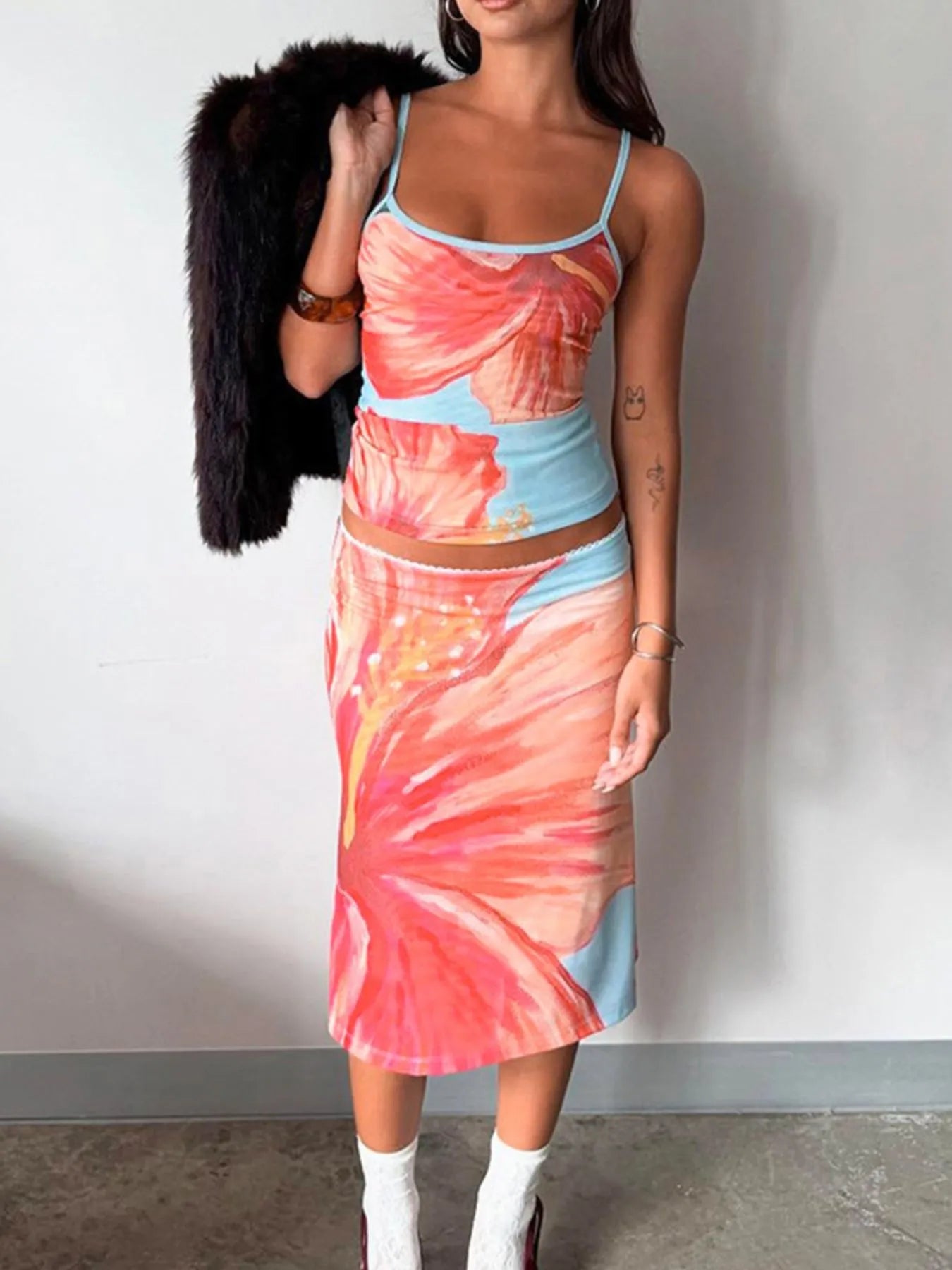 Printed Scoop Neck Cami and Skirt Set OutfitFlow