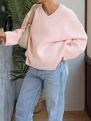 V-Neck Long Sleeve Sweater Pink OutfitFlow