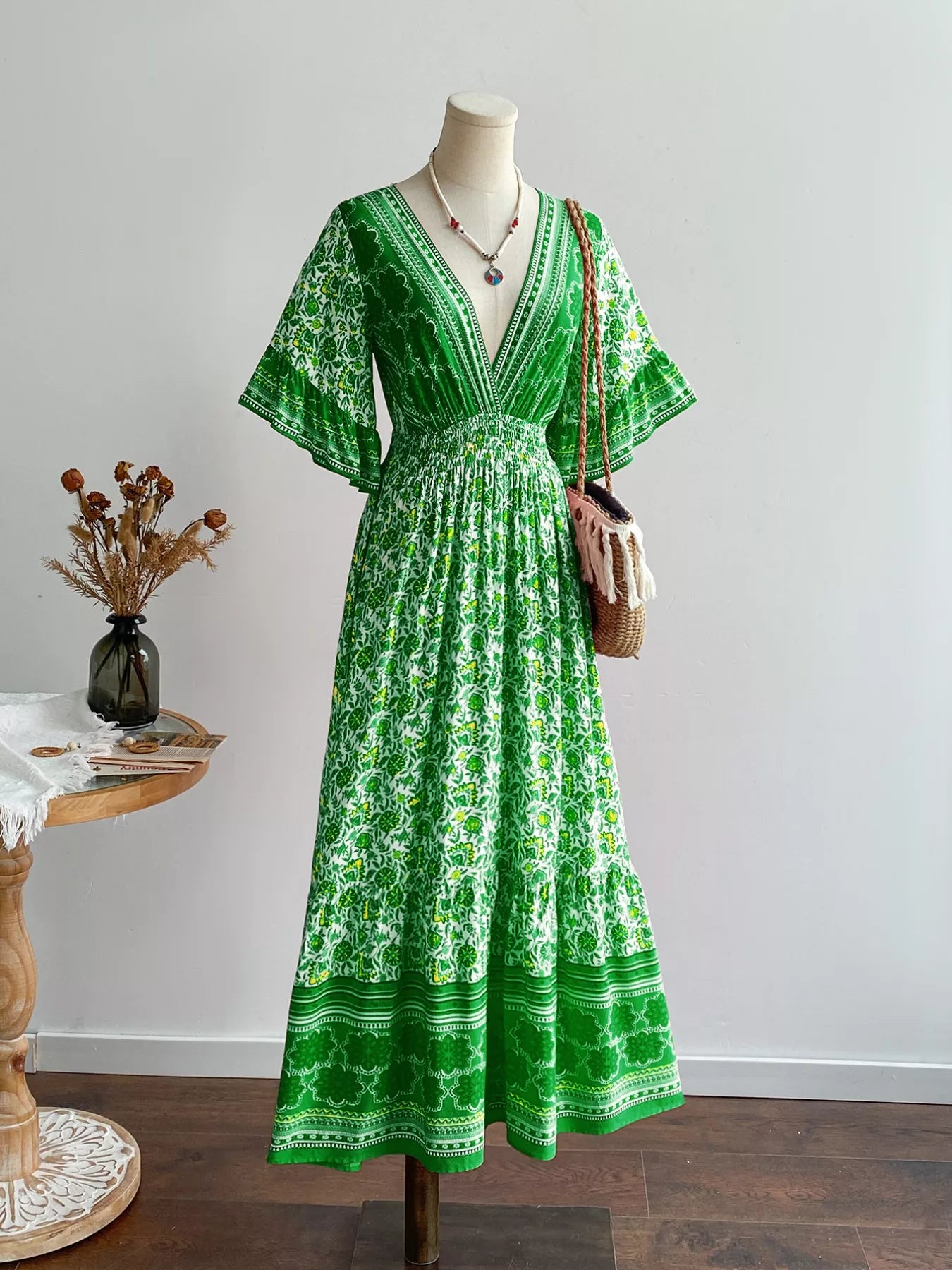 Floral Deep V-Neck Flutter Sleeves Dress OutfitFlow