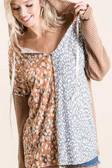 BiBi Popcorn Waffle Knit Hoodie with Print Block Front OutfitFlow