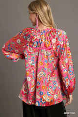 Umgee Full Size Satin Paisley Ruffle Neck Button-Up Shirt Plus Size Trendsi
