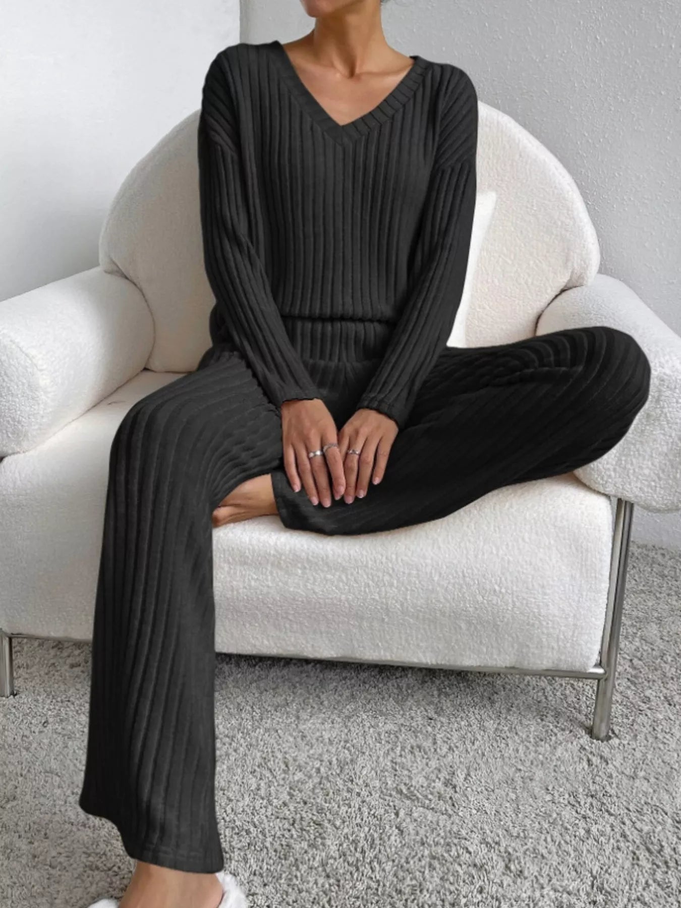 Ribbed Knit Long Sleeve Top and Pants Set OutfitFlow