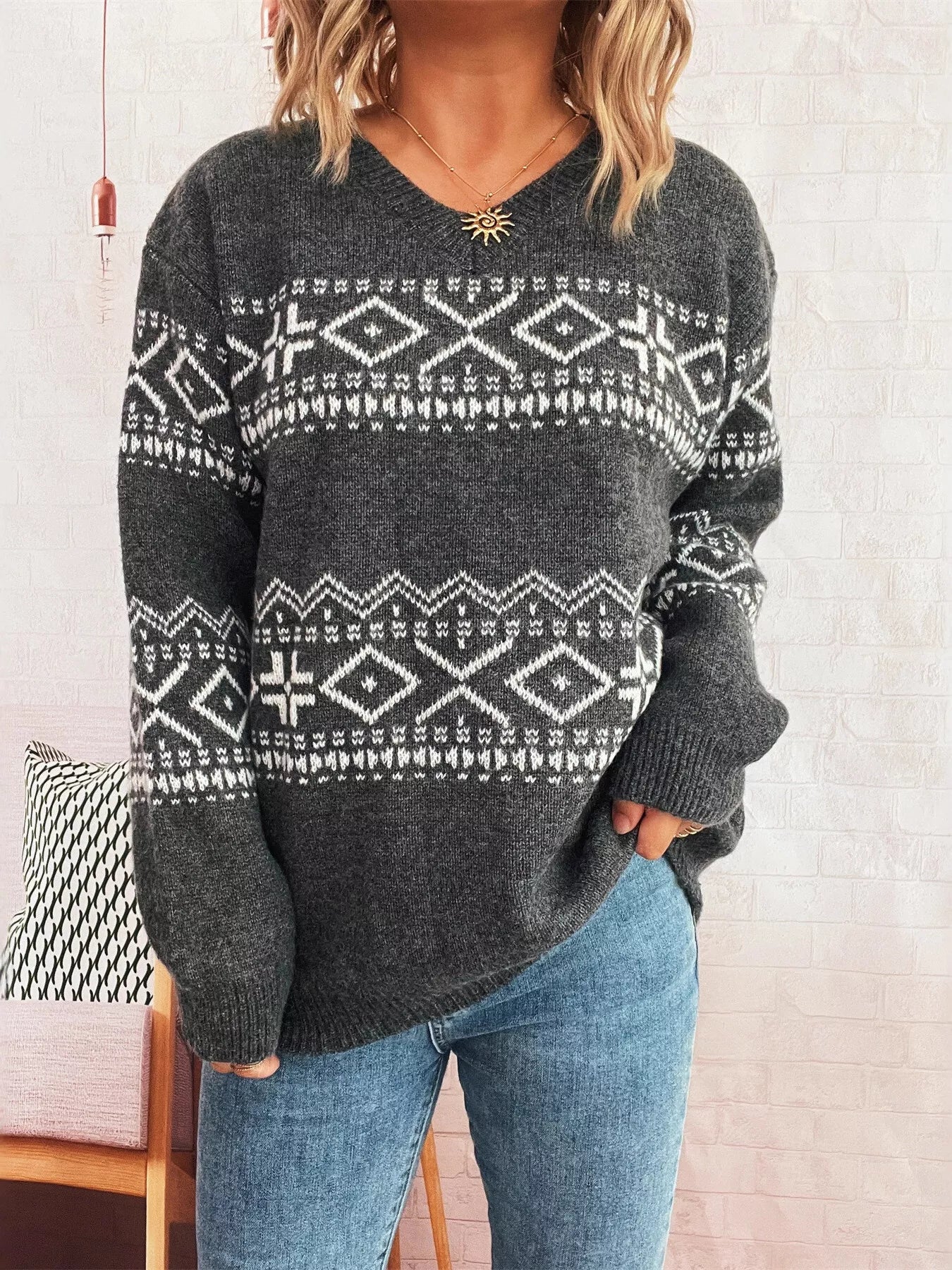 Geometric Dropped Shoulder Long Sleeve Sweater OutfitFlow