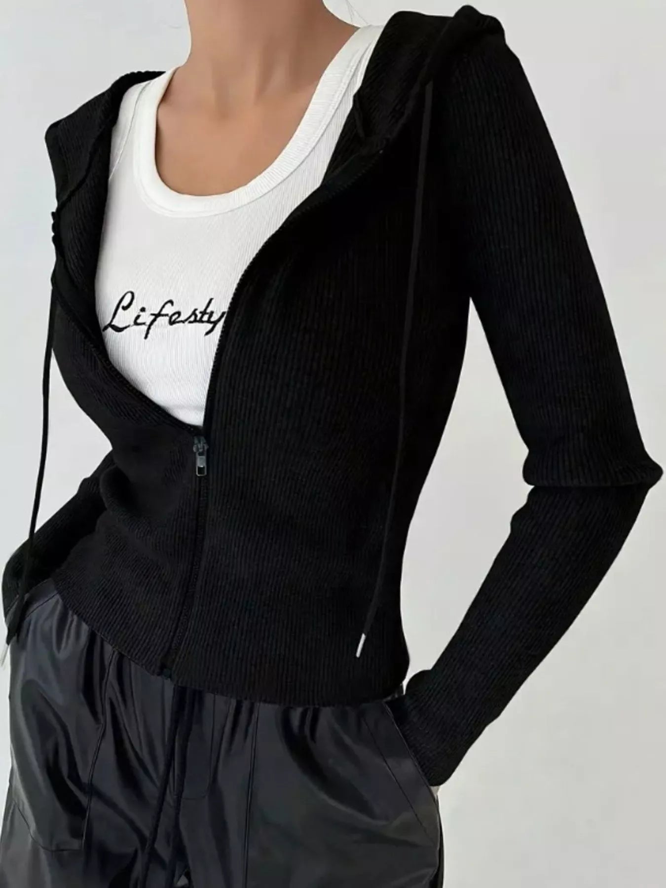 Ribbed Knit Zip-Up Hooded Cardigan Black OutfitFlow