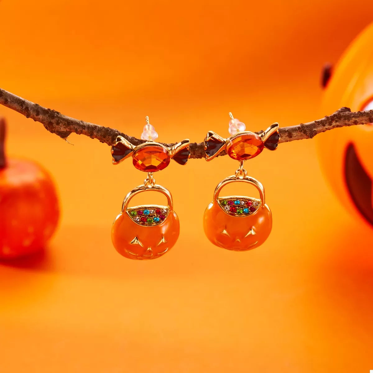 Halloween Rhinestone Pumpkin Dangle Earrings OutfitFlow