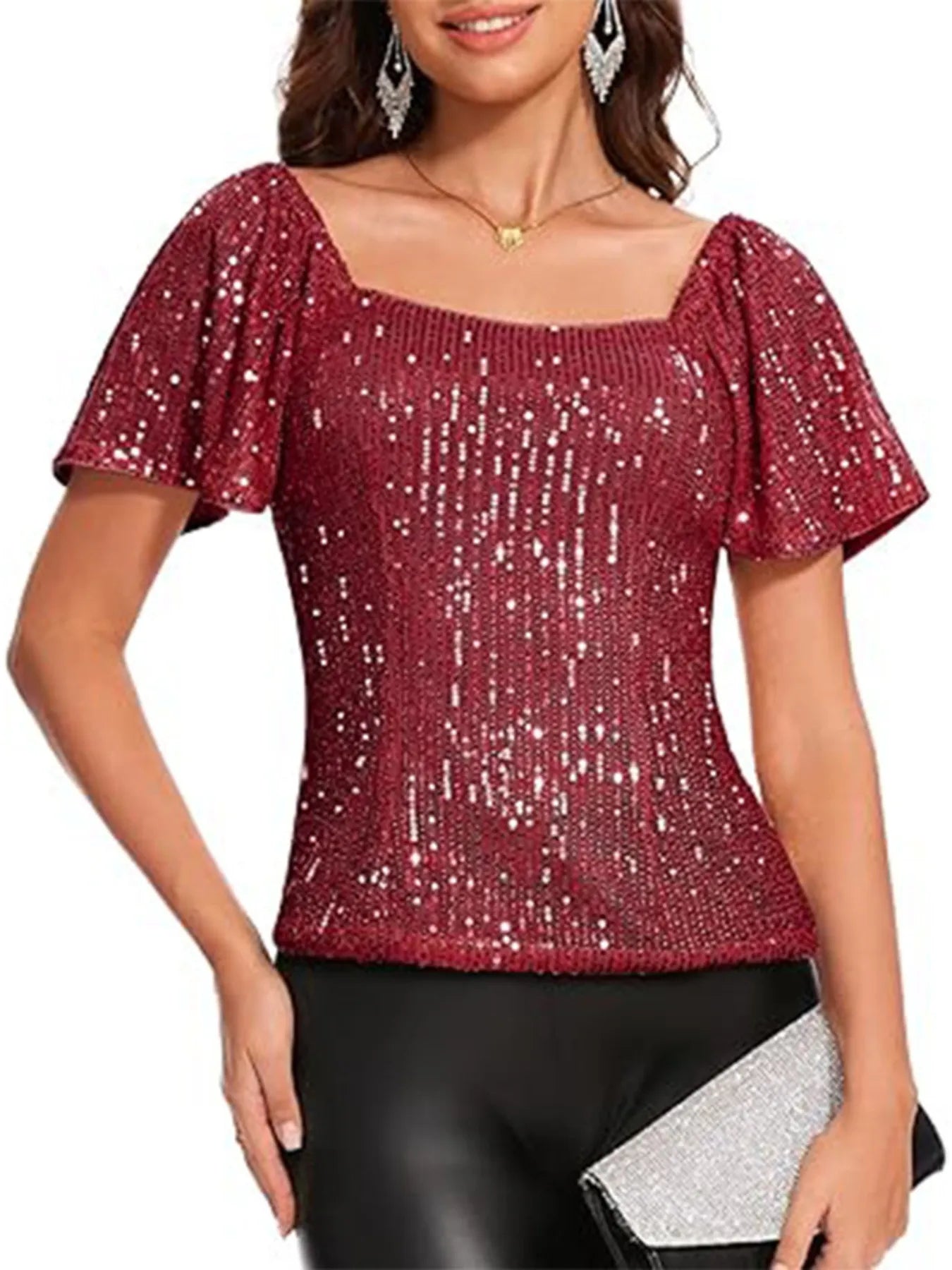 Square Neck Sequin Short Sleeve Blouse OutfitFlow