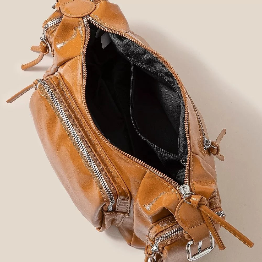 Fame Glossy Faux Leather Multi Pocket Hand Bag OutfitFlow