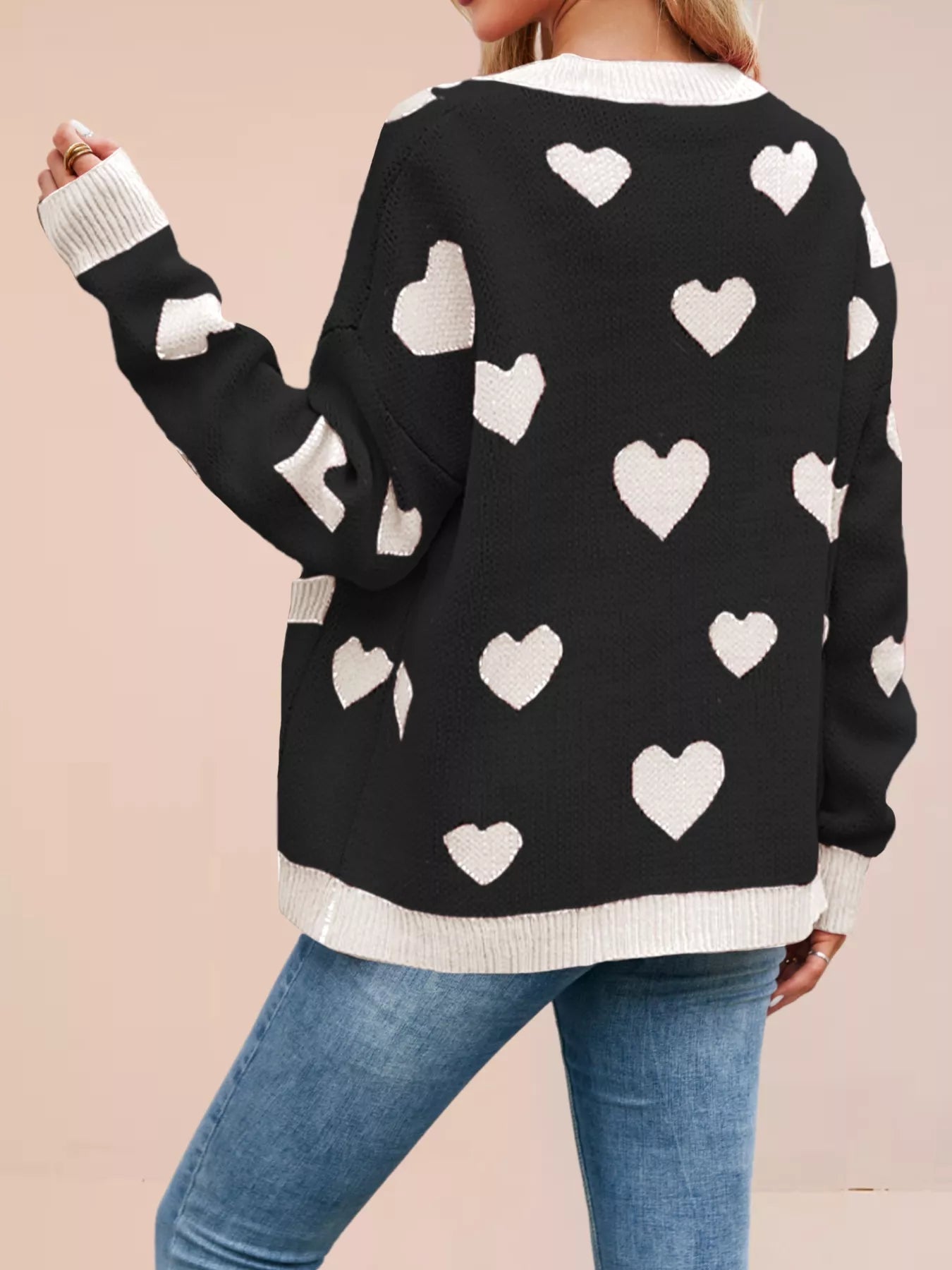 Heart Pattern Button-Up Knit Cardigan OutfitFlow