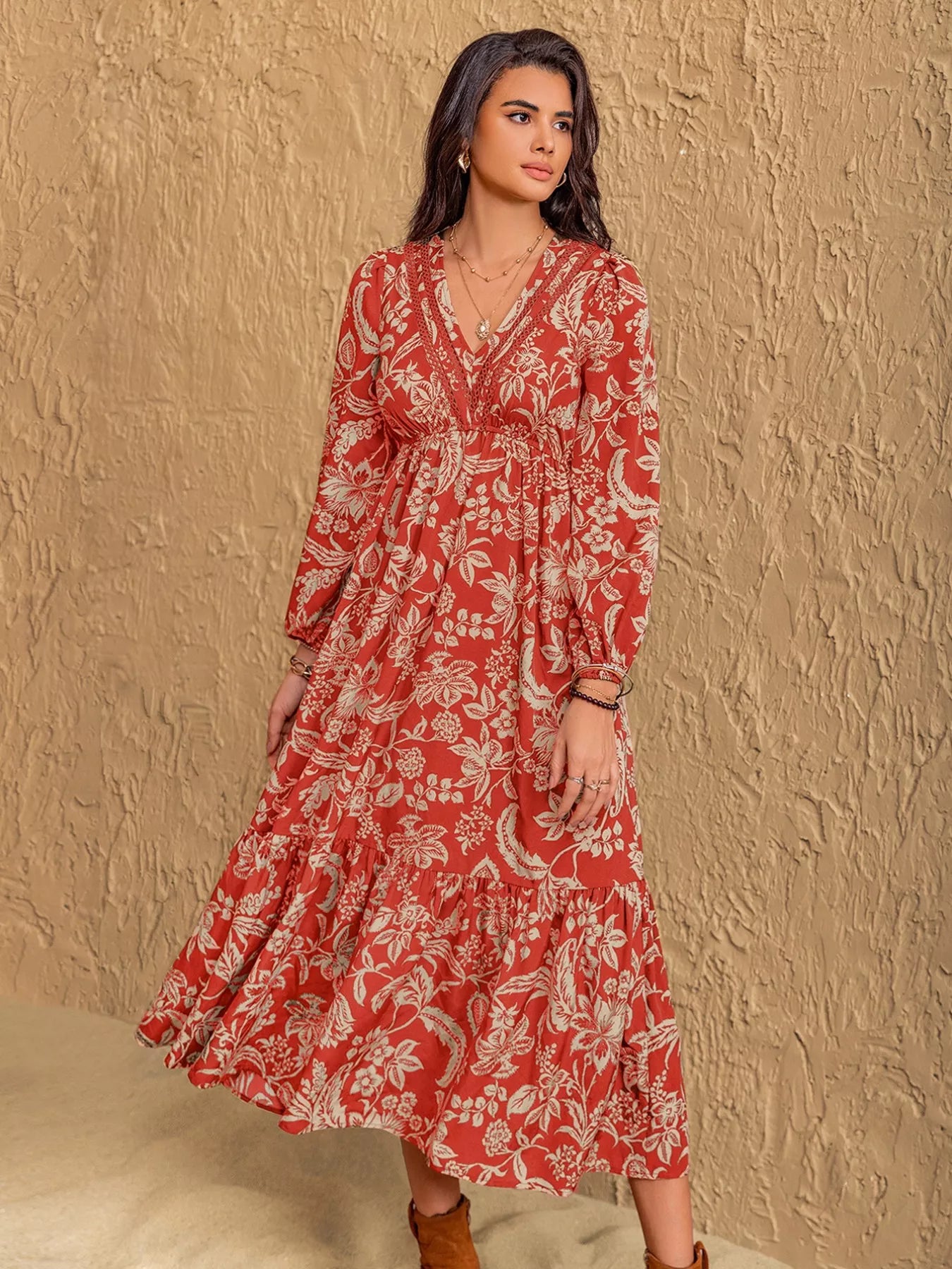 Boho Floral Print Long Sleeve Midi Dress OutfitFlow