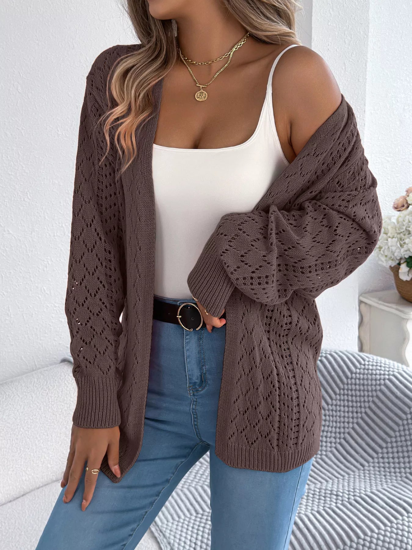 Openwork Open-Front Long Sleeve Cardigan OutfitFlow