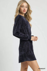 Umgee Velour Drawstring Mini Dress with Long Sleeves OutfitFlow