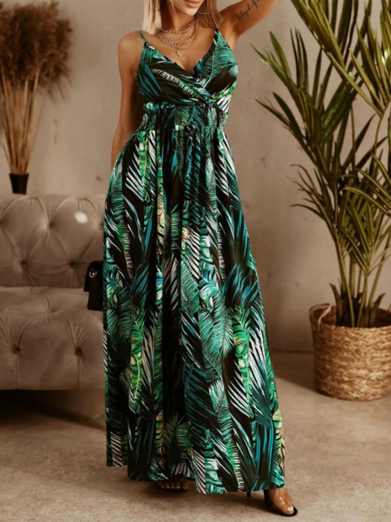 Printed Spaghetti Strap Maxi Dress OutfitFlow