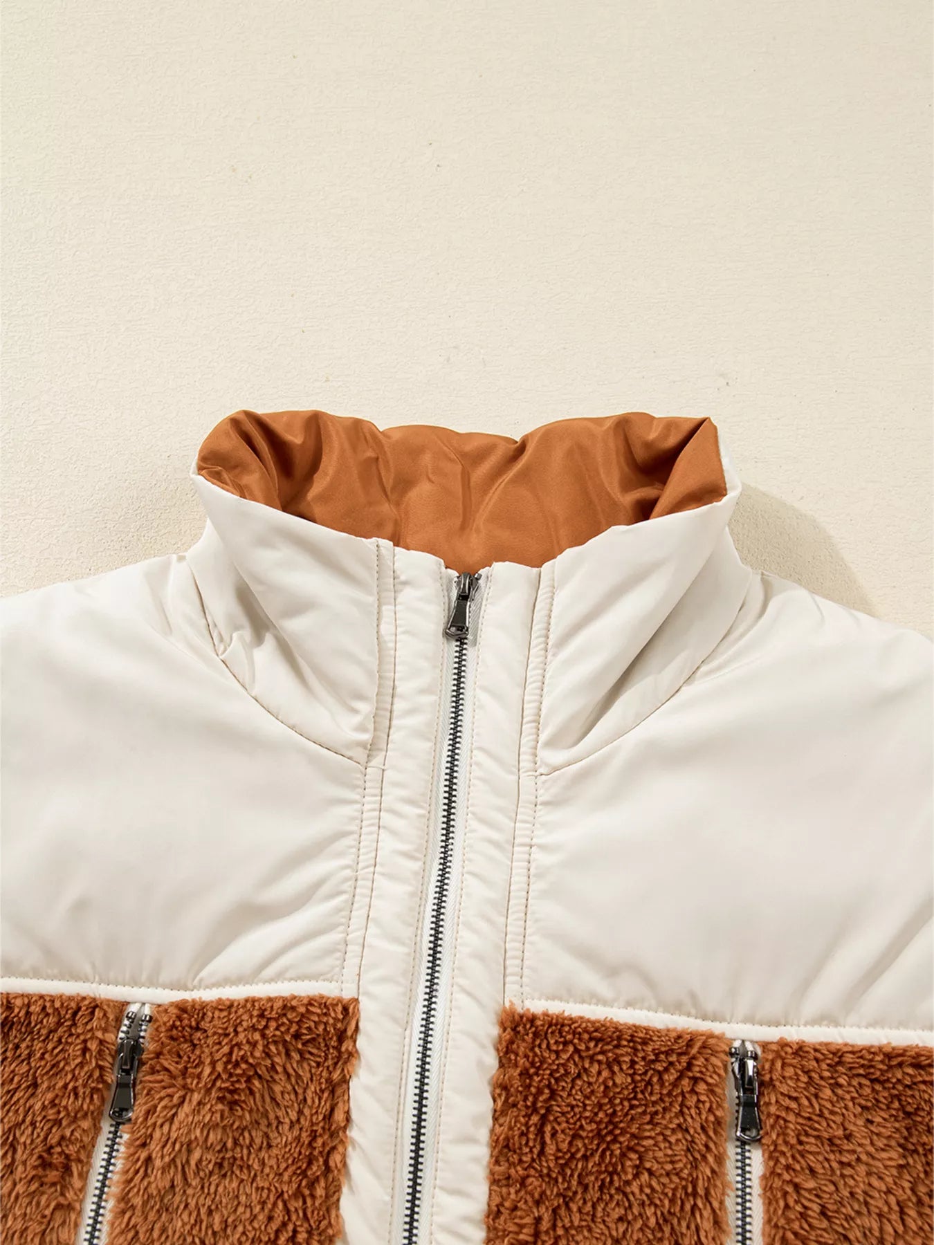 Color Block Plush Patchwork Zipper Stand Neck Vest Coat OutfitFlow