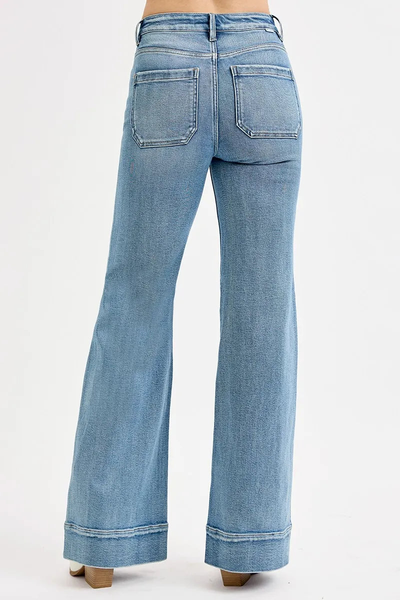 RISEN Full Size High Rise Wide Flare Patch Pocket Jeans Plus Size OutfitFlow