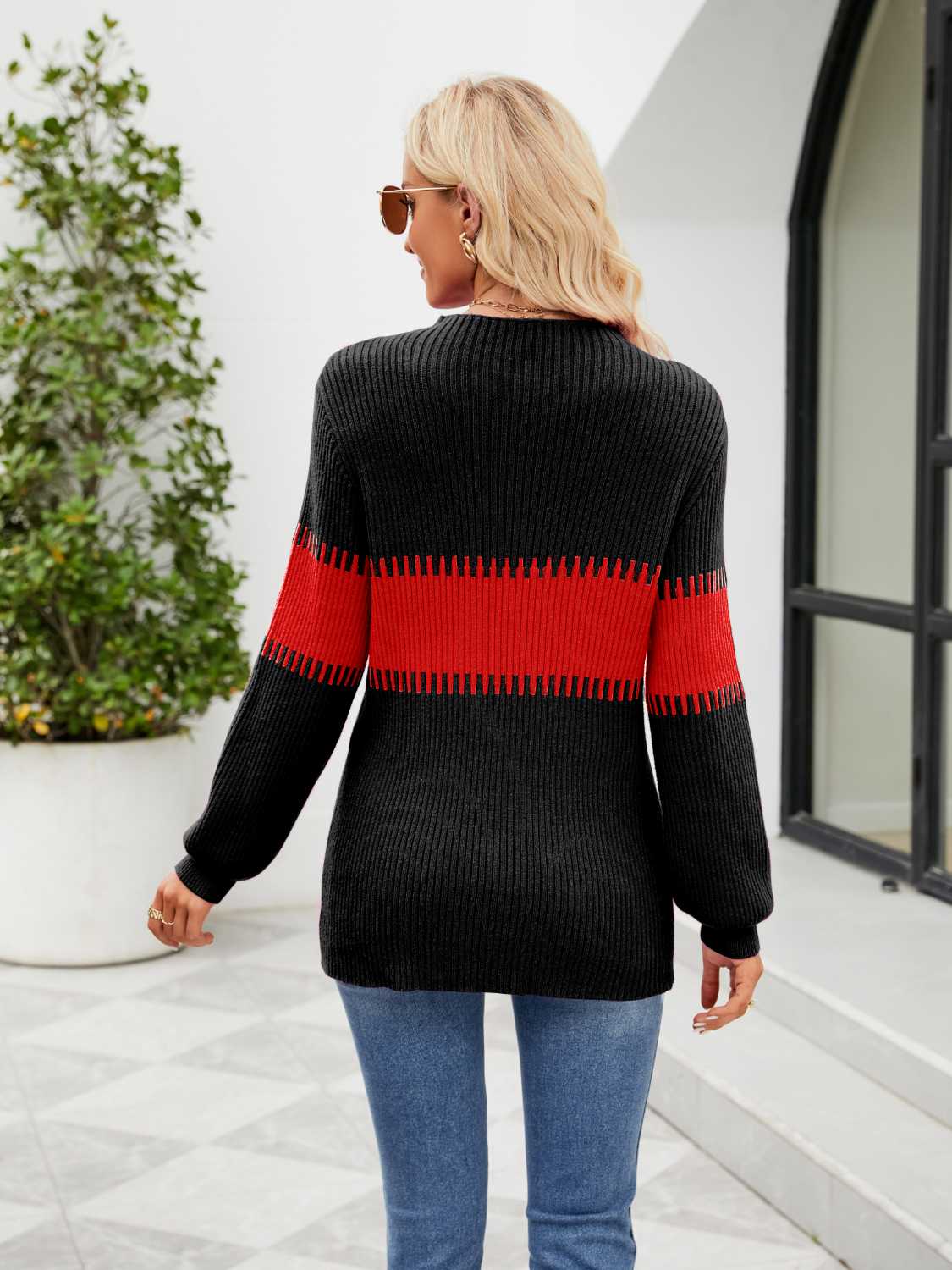 Contrast Round Neck Sweater OutfitFlow