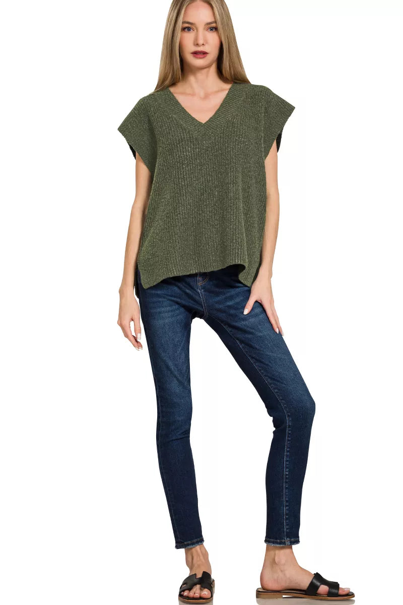 Zenana Ribbed Slit V-Neck Sweater Vest Trendsi