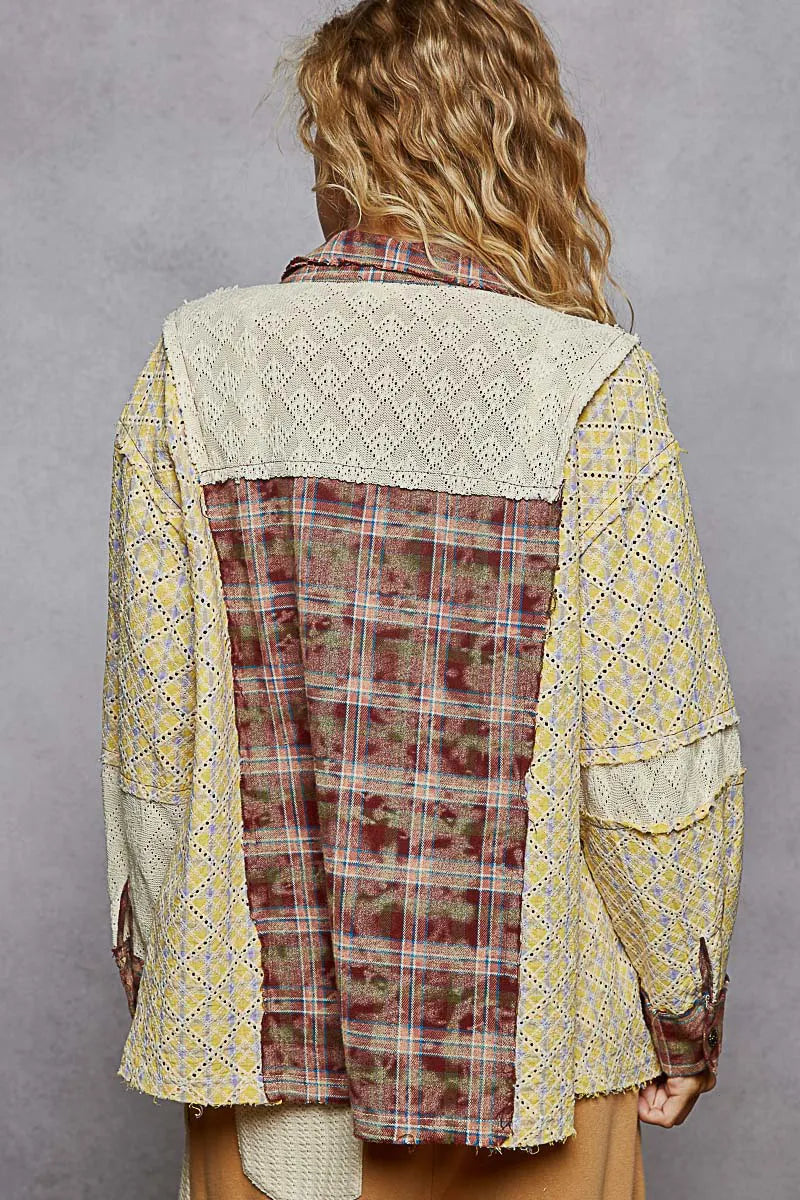 POL Studded Contrast Plaid Long Sleeve Shirt OutfitFlow