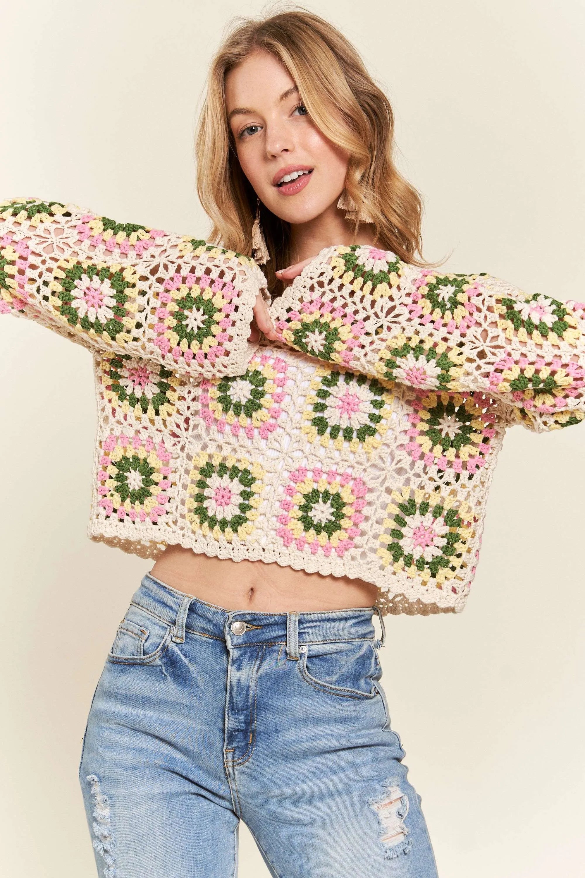 ADORA Multicolor Crochet Crop Top OutfitFlow