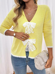 Lace Bow-Tie Front Long Sleeve Cardigan Trendsi