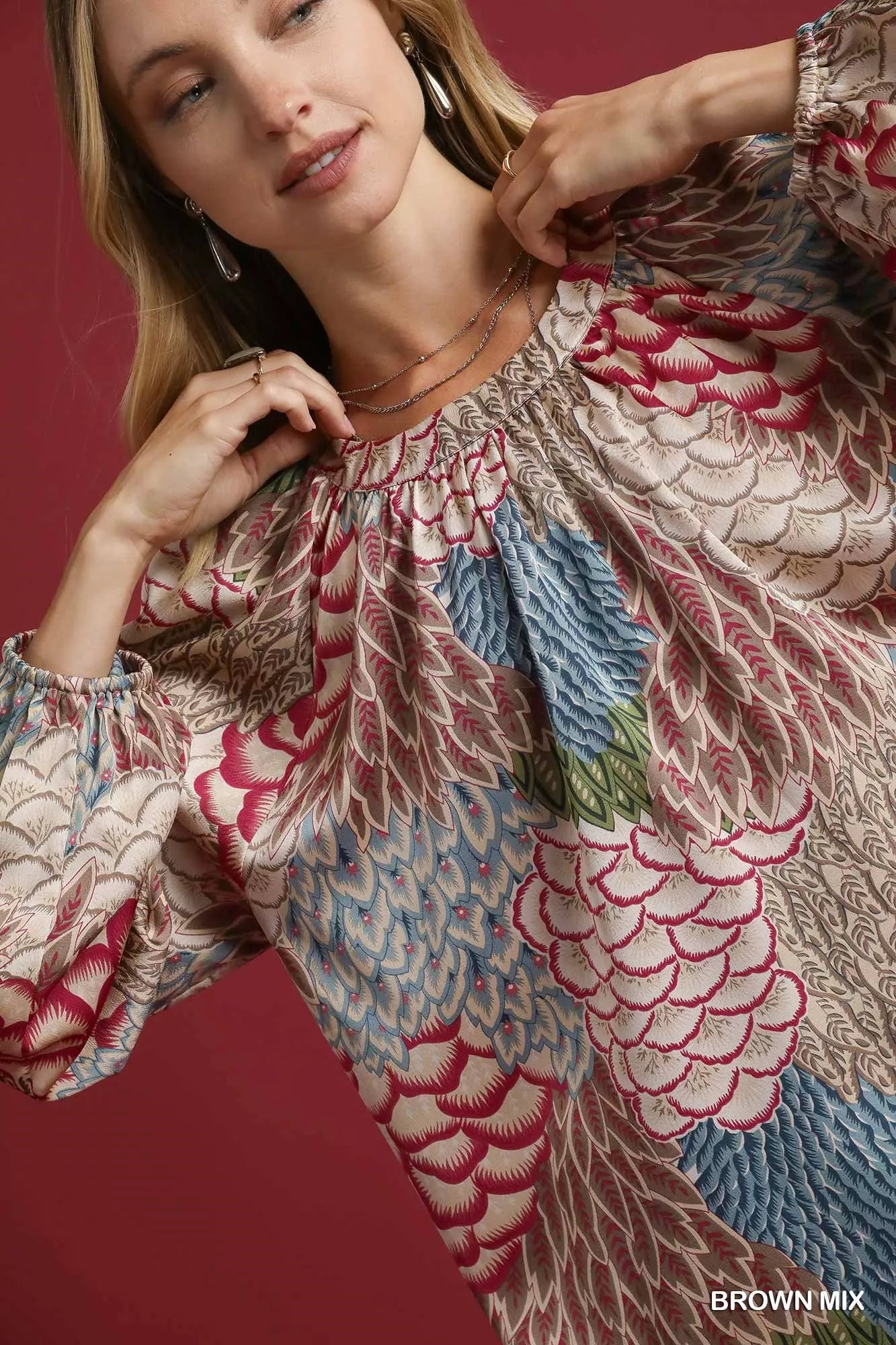 Umgee Boho Feather Print Peasant Blouse Trendsi