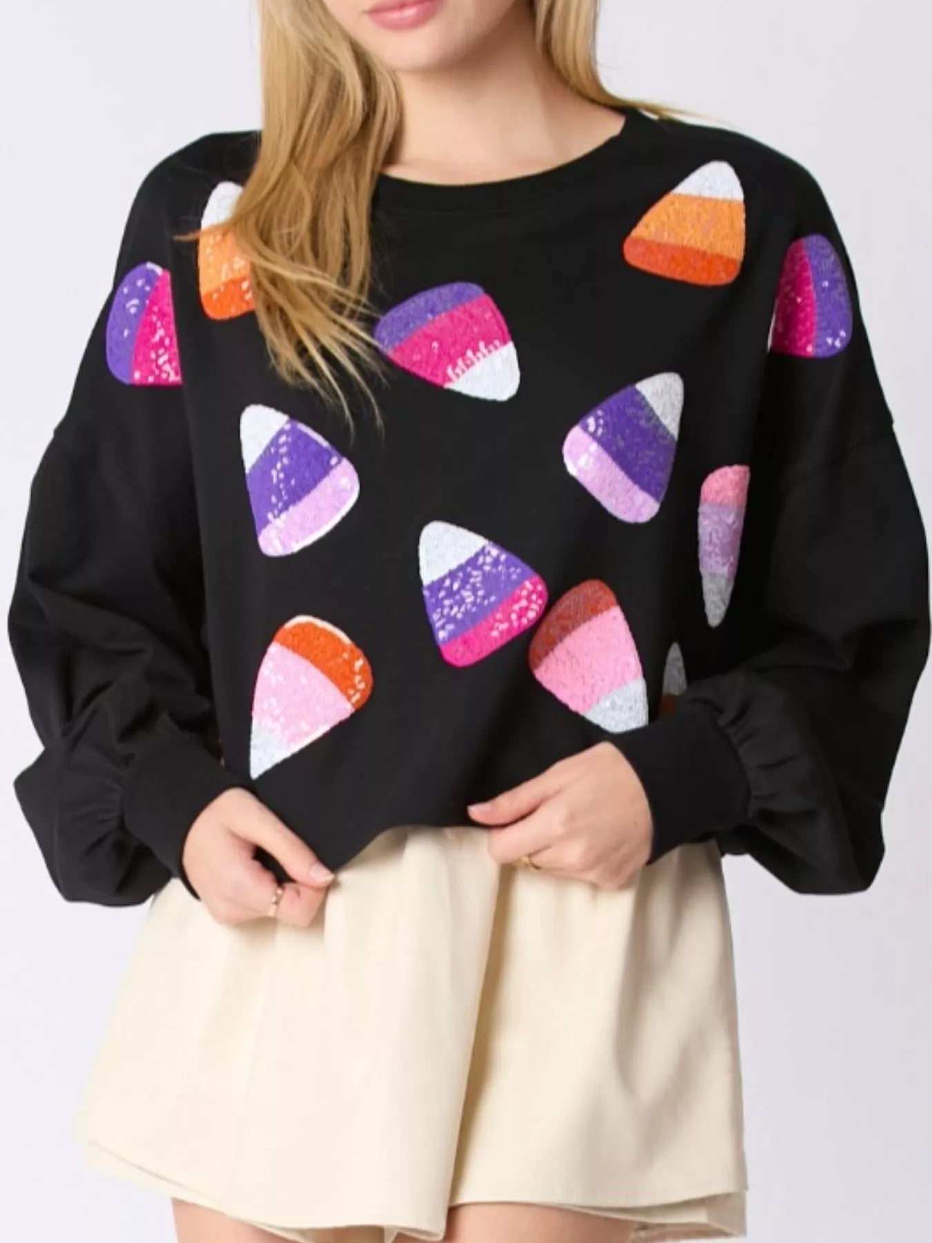 Halloween Candy Sequin Long-Sleeve Sweatshirt OutfitFlow