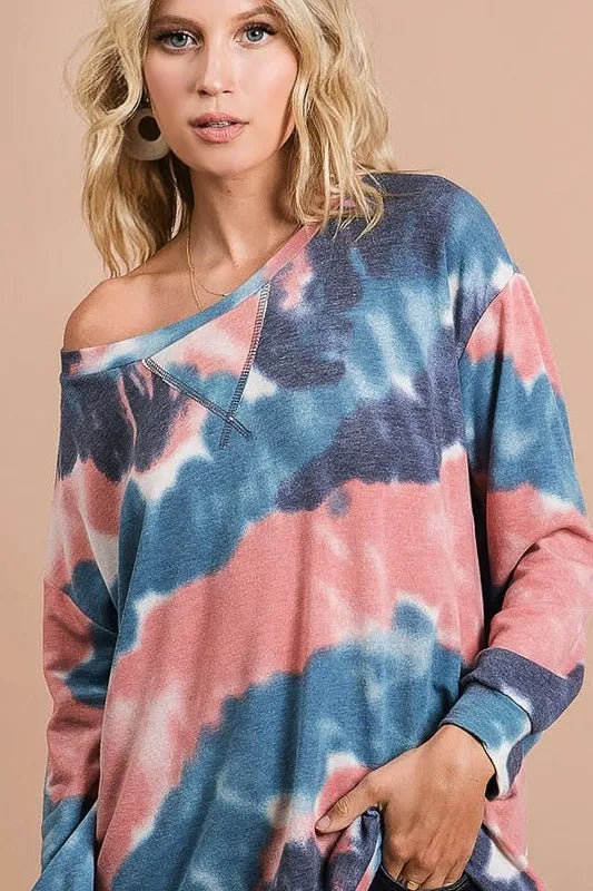 BiBi Tie Dye French Terry Pull Over with Front Stitching Detail OutfitFlow