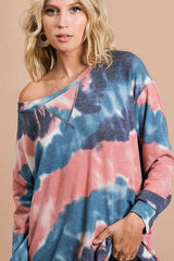 BiBi Tie Dye French Terry Pull Over with Front Stitching Detail OutfitFlow