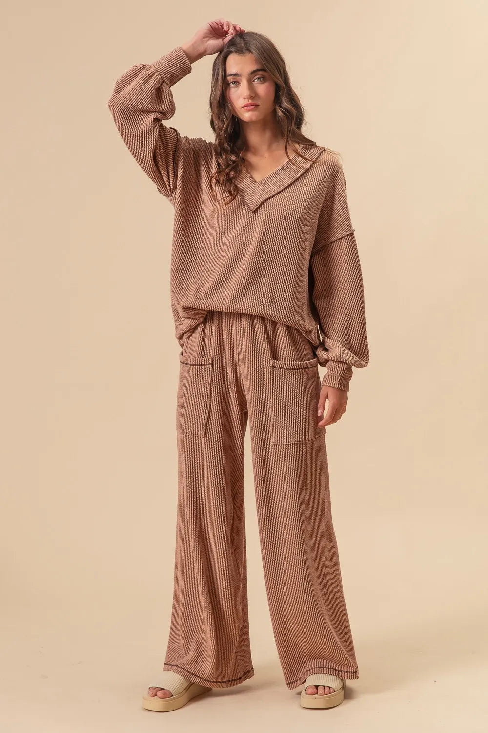 BiBi 2tone Cord Rib Waist Band Side Pocket Pants OutfitFlow